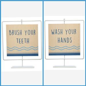 NWT Wash Your Hands Brush Your Teeth Bathroom Sign 2-Sided Metal Wood Decor Kids